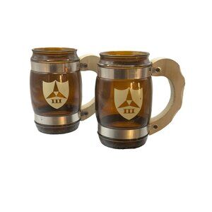 Siesta Ware 3rd Battalion Mugs Vintage Amber Glass Wood Set Collectible Military